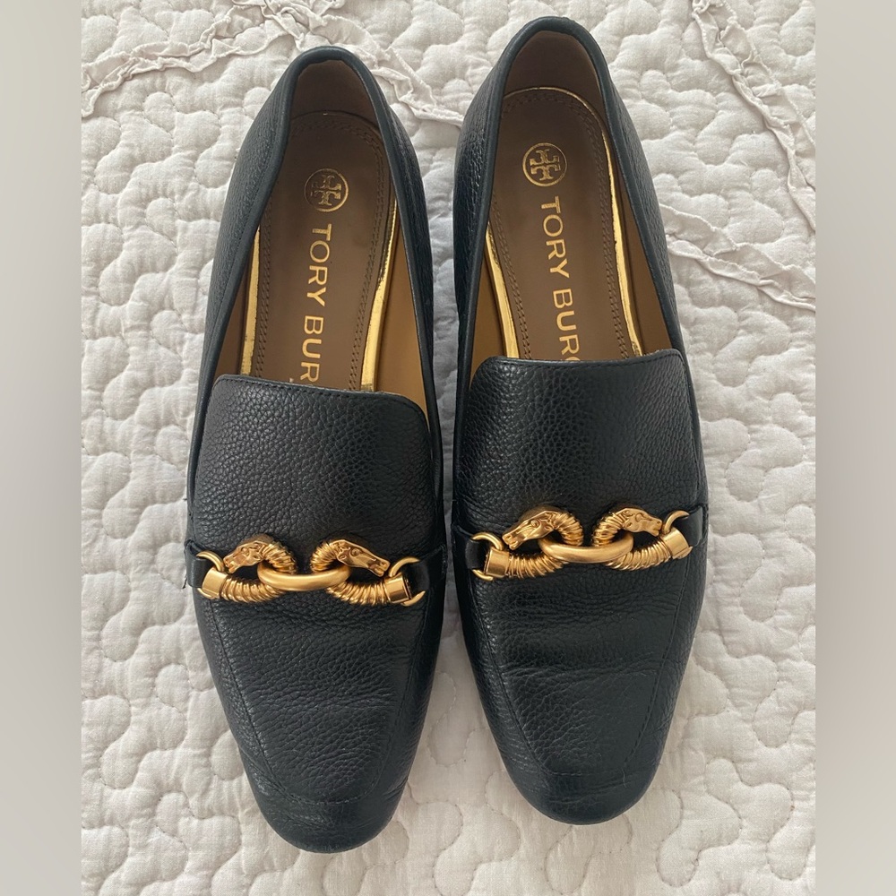 Tory Burch Black Jessa Loafers with Gold Chain Detail